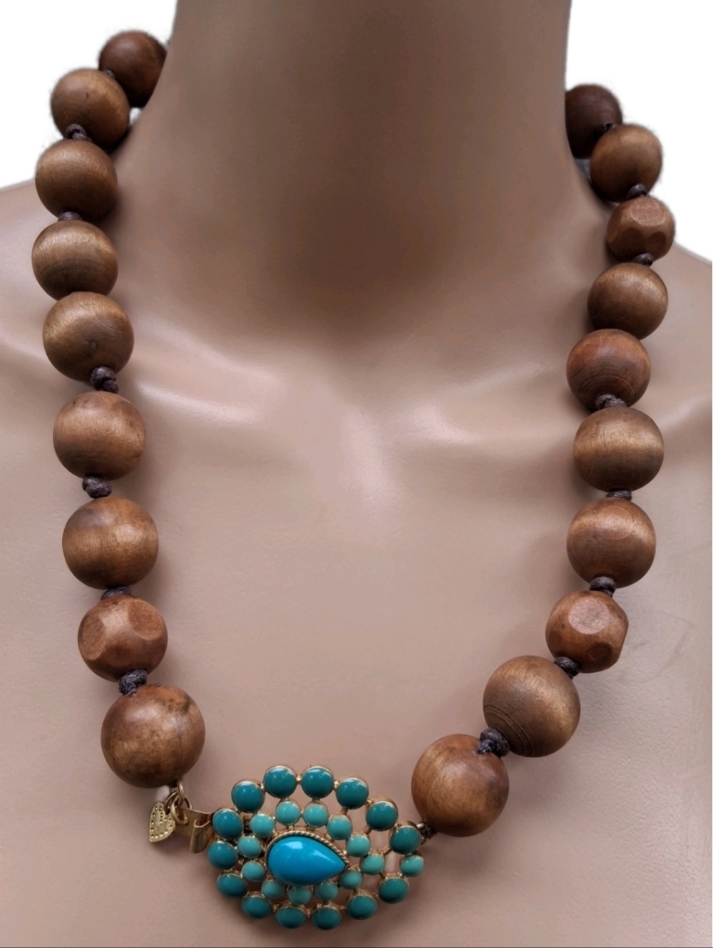 Stella & Dot Legend Necklace Wood Bead Turquoise Enamel Boho Statement Pendant